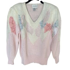 VTG 90s Christine Sweater Women's Sz L Pink Pullover Angora Faux Leather Accent